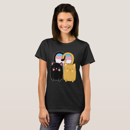 トランスジェンダープライド旗猫ハートLGBT Trans Tシャツ (正面フル)