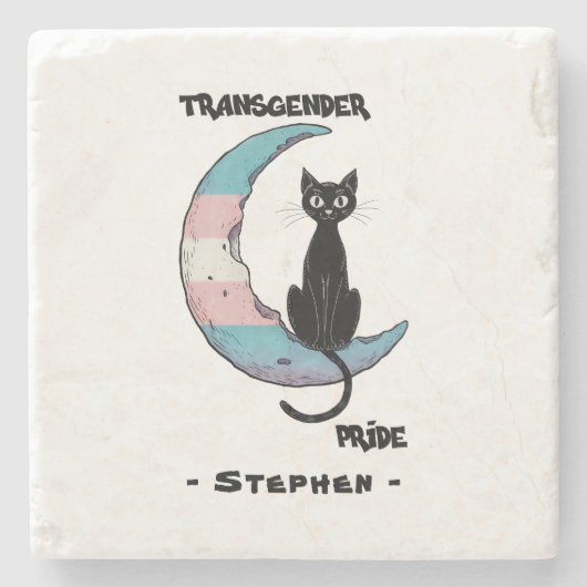 トランスジェンダープライド- Black Cat on Trans Flag Moon ストーンコースター (正面)