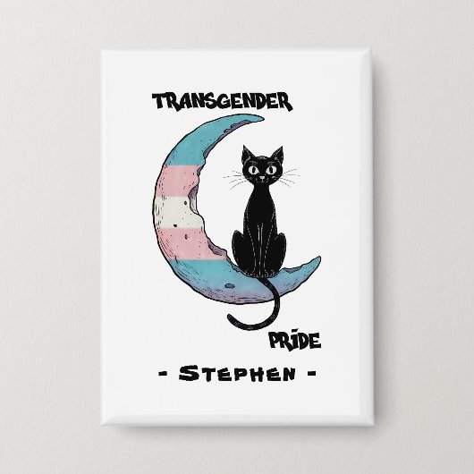 トランスジェンダープライド- Black Cat on Trans Flag Moon 缶バッジ (正面)