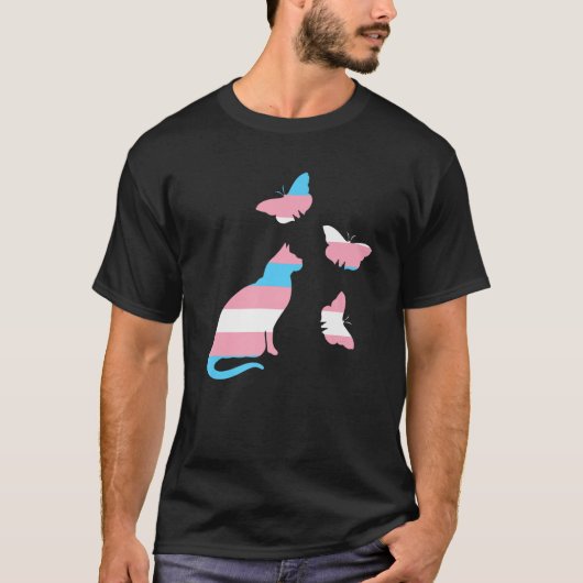 トランスジェンダー猫と蝶トランスジェンダー国旗 Tシャツ (正面)