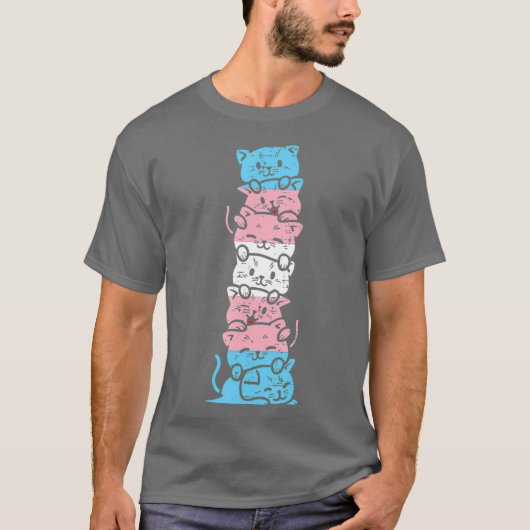 トランスジェンダー猫スタックかわいいトランスプライドフラグLGBT Tシャツ (正面)