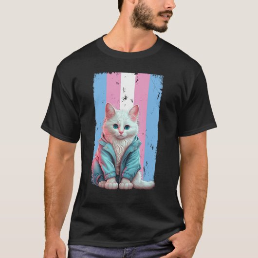 トランスジェンダー猫トランス国旗LGBTプライド性転換 Tシャツ (正面)