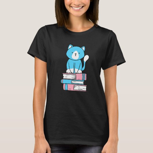 トランスジェンダー サブtle プライド かわいい 猫 本の山 トランス tシャツ (正面)