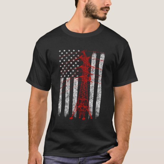 トランスミッションタワーアメリカ国旗ライン Tシャツ (正面)