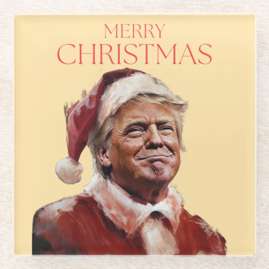トランプおもしろいサンタクロースのクリスマスカード ガラスコースター (正面)