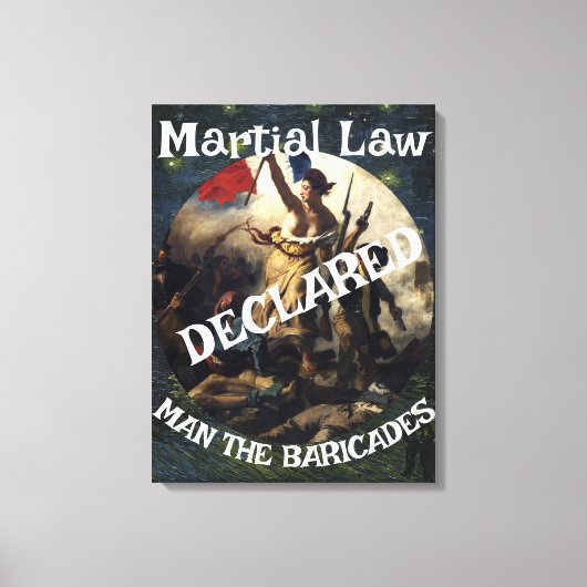 トランプが戒厳令を宣言 男がバリケードに立つ キャンバスプリント (正面)