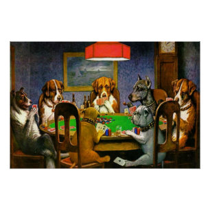 トランプのポーカーを遊んでいる犬 ポスター