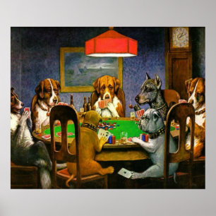 トランプのポーカーを遊んでいる犬 ポスター