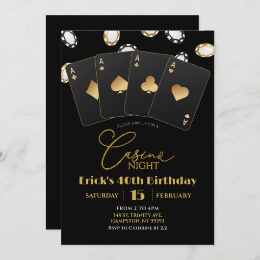 トランプのポーカーカードカジノナイト40th 50th大人誕生日 招待状 (正面/裏面)