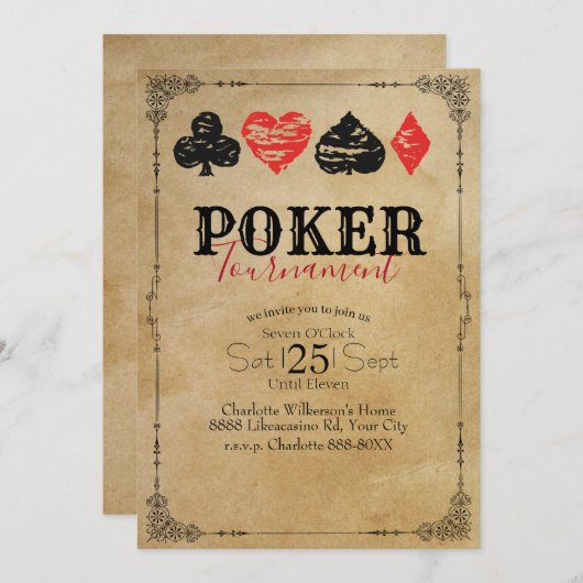 トランプのポーカーゲーム大会ヴィンテージ分与紙 招待状 (正面/裏面)