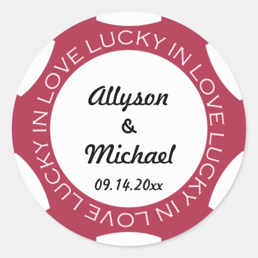 トランプのポーカーチップラッキーインラブ結婚式の引き出物ラベルレッド ラウンドシール (正面)