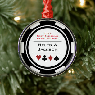 トランプのポーカーチップ初めてのクリスマスズMr&Mrs白黒 メタルオーナメント