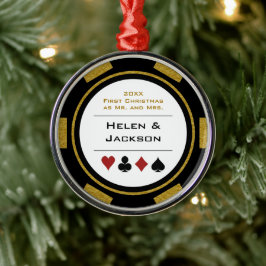 トランプのポーカーチップ初めてのクリスマスブラック金ゴールド メタルオーナメント