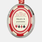 トランプのポーカーチップ初めてのクリスマスミスター&ミセス・レッドアイボリー メタルオーナメント (左)