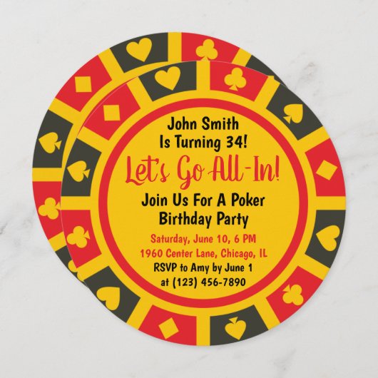 トランプのポーカーチップ誕生日パーティーへの招待 招待状 (正面/裏面)