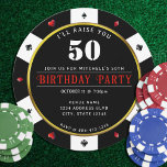 トランプのポーカーチップ50th誕生日パーティー 招待状<br><div class="desc">黒クール、白、赤と金ゴールドのカジノトランプのポーカーチップ50th誕生日パーティー招待。イベント詳細と背面の写真でパーソナライズ。</div>