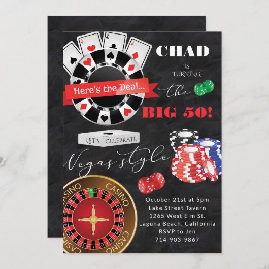 トランプのポーカーテーマバースデーパーティーカジノ 招待状 (正面/裏面)