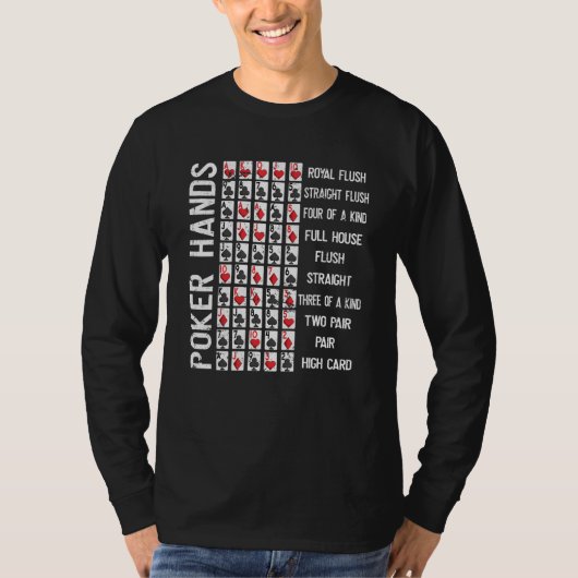 トランプのポーカーハンズチートシートカードカジノゲームプレーヤー Tシャツ (正面)