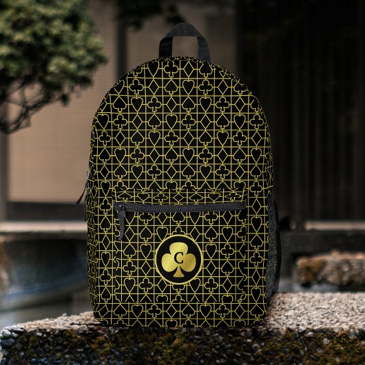 トランプのポーカープレーヤーモノグラムクラブブラック金ゴールドカードスーツ プリントバックパック