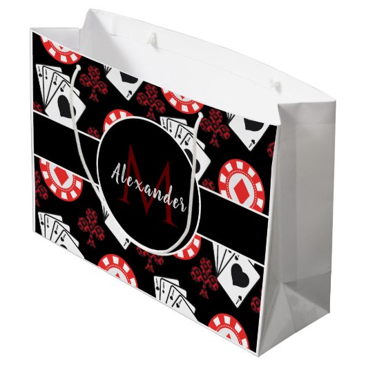トランプのポーカーモダンテーマパターンプレイヤーモノグラム&名前 ラージペーパーバッグ (裏面アングル)