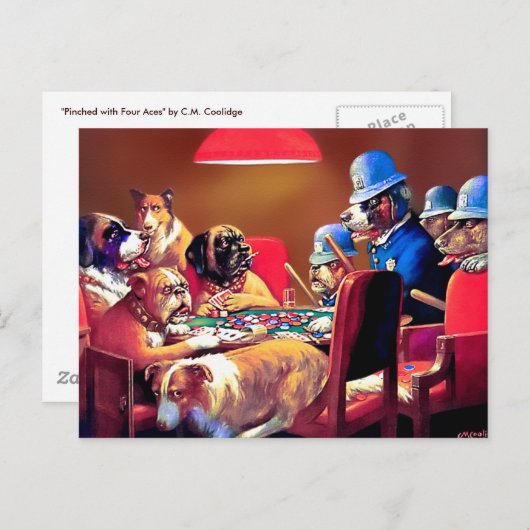 トランプのポーカー犬: 4つのエースとつままれる ポストカード (正面/裏面)