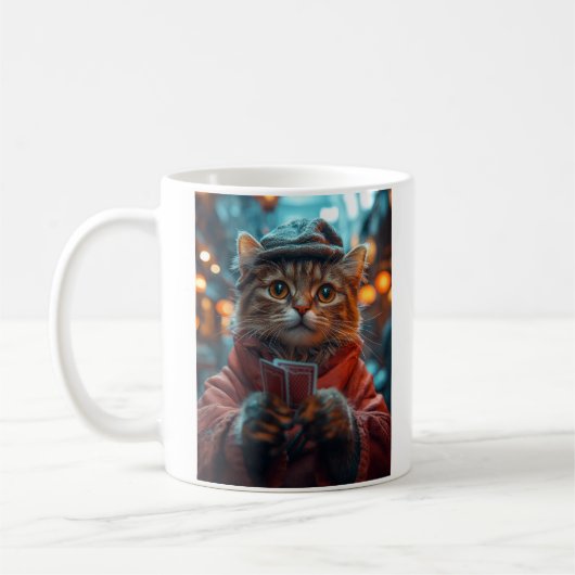 トランプのポーカー顔の小僧クールと穏やかな猫芸術 コーヒーマグカップ (左)