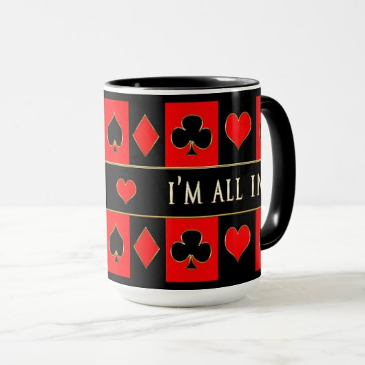 トランプのポーカーMUG – オールイン – 赤/黒/金ゴールド マグカップ (正面右)