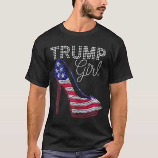 トランプガールスティレトスハイヒールアメリカンきらきら光る国旗 Tシャツ (正面)