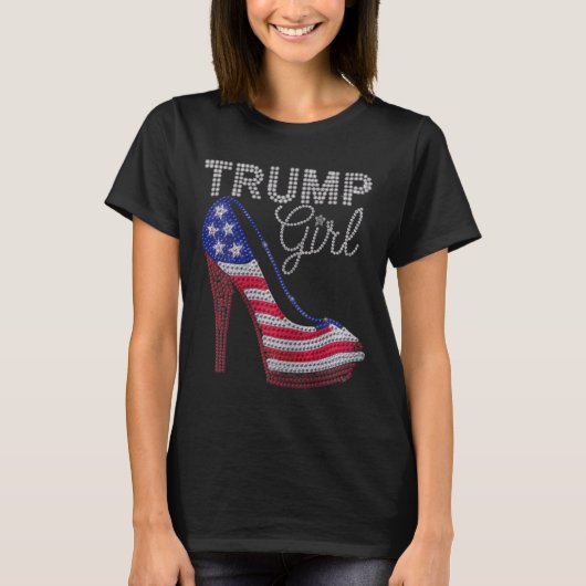 トランプガールスティレトスハイヒールアメリカンきらきら光る国旗 Tシャツ (正面)