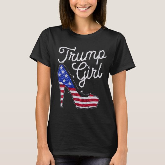 トランプガールハイヒールアメリカ国旗のパトきらきら光るリオ Tシャツ (正面)