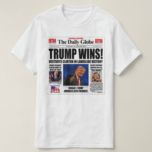 トランプ勝利!面白い反クリントン新聞風刺 Tシャツ (デザイン正面)