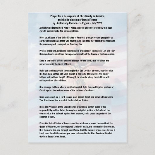トランプ大統領と米国の祈りの言葉 – ヴィガノ ポストカード (正面)