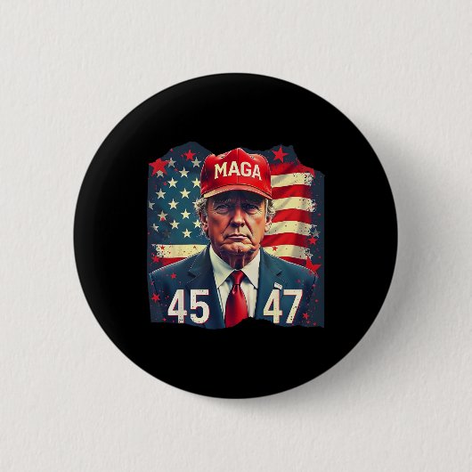 トランプ大統領45-47メガアメリカ国旗 缶バッジ (正面)