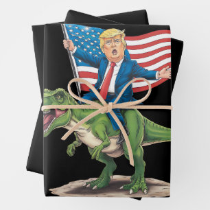 トランプ騎乗恐竜ティラノサウルス米国アメリカ国旗 ラッピングペーパーシート