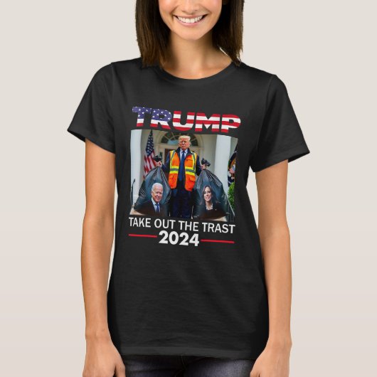 トランプ2024ごみトランプガービおもしろいージを取り出す Tシャツ (正面)