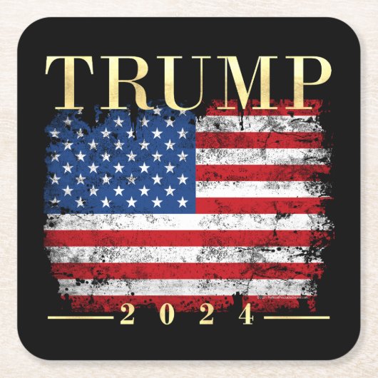 トランプ2024エレガント金ゴールドヴィンテージ米国国旗 スクエアペーパーコースター (正面)