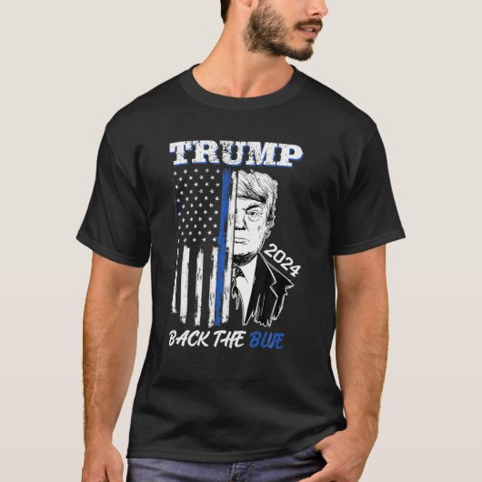 トランプ2024戻る青いアメリカ国旗のブルーライン4 Tシャツ (正面)