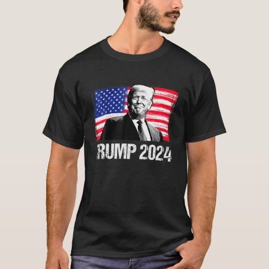 トランプ2024米国国旗のキャンペー選ン再大統領 Tシャツ (正面)