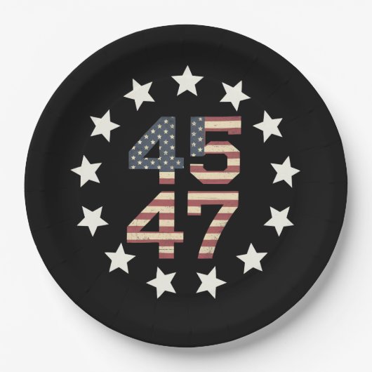 トランプ45 47星ヴィンテージアメリカ国旗 ペーパープレート (正面)