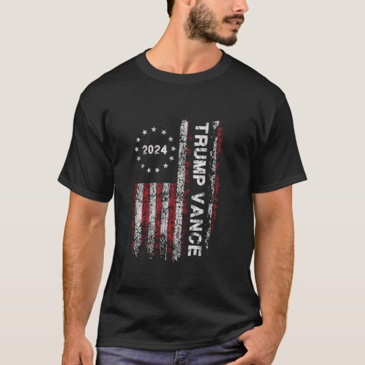トランプ・ヴァンス2024米国国旗のヴィンテージ大統領選挙 Tシャツ (正面)