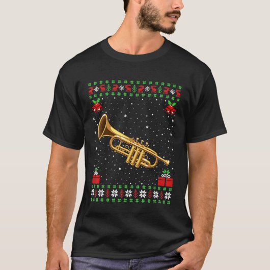 トランペットおもしろい音楽愛好家クリスマス醜いトランペットキリスト Tシャツ (正面)