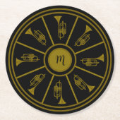 トランペットとモノグラムを持つブラックと金ゴールドのモチーフ ラウンドペーパーコースター (正面)