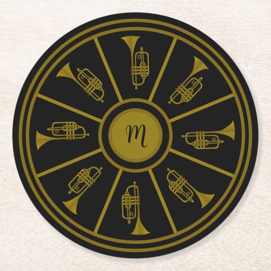 トランペットとモノグラムを持つブラックと金ゴールドのモチーフ ラウンドペーパーコースター (正面)