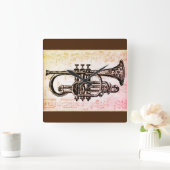 トランペットと音楽ノート スクエア壁時計 (ホーム)