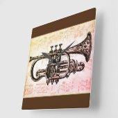 トランペットと音楽ノート スクエア壁時計 (傾斜)