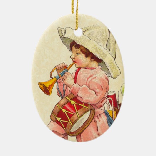 トランペットのドラムによって行進しているヴィンテージのクリスマスの男の子 セラミックオーナメント (裏面)