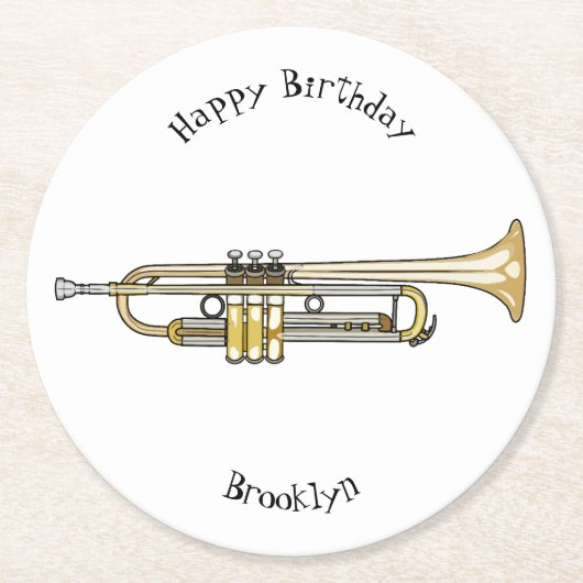 トランペットの漫画イラスト ラウンドペーパーコースター (正面)