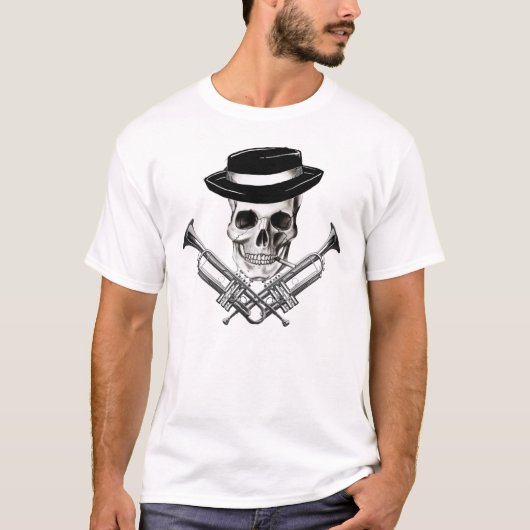 トランペットの骨が交差した図形のSkaのスカル Tシャツ (正面)