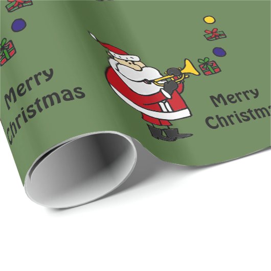トランペットを演奏するおもしろいなクリスマスサンタ ラッピングペーパー (ロールコーナー)