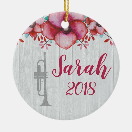 トランペットプレーヤー音楽ギフトフローラ パーソナライズされた セラミックオーナメント (正面)